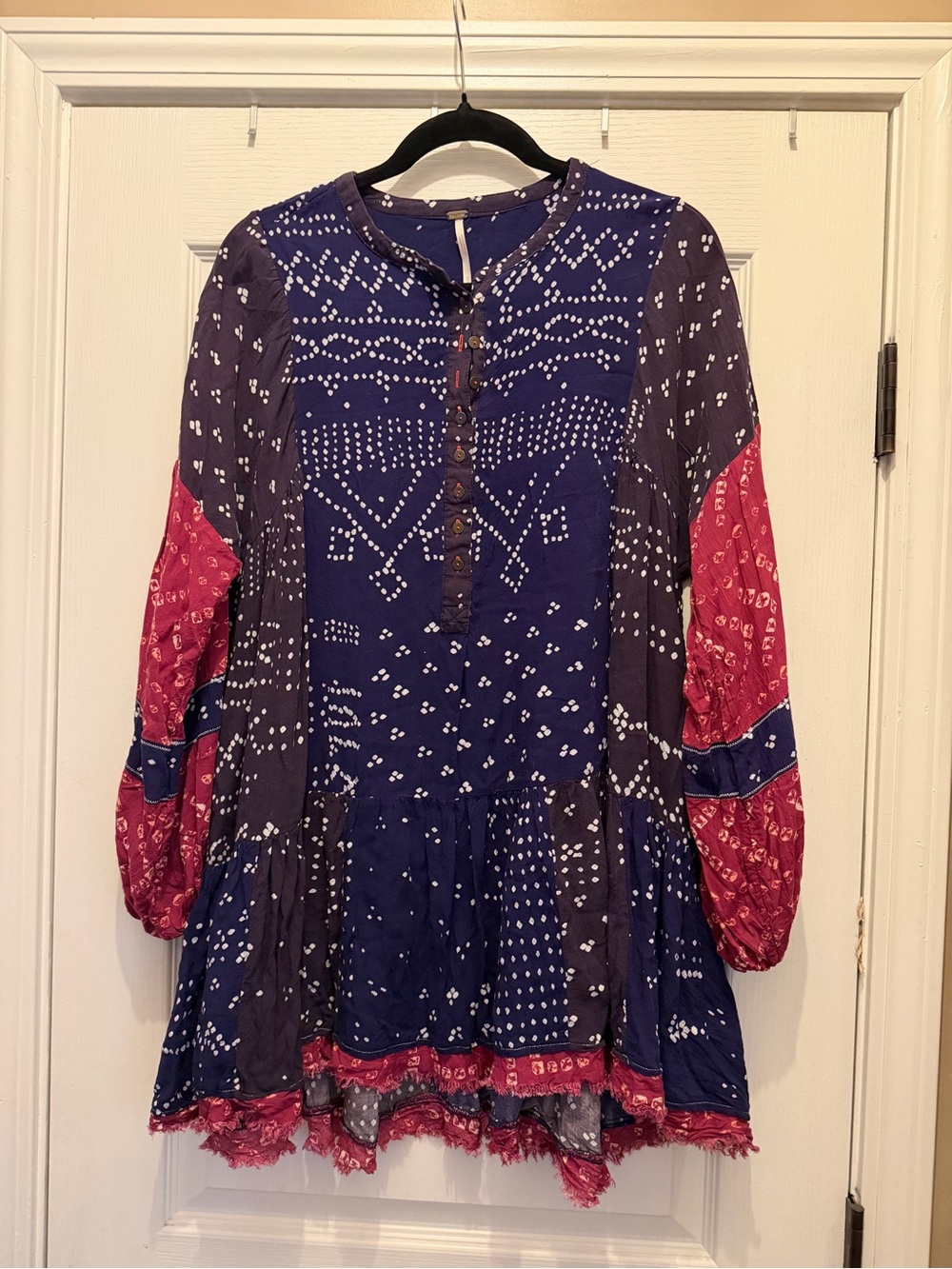 Free People Navy & Red Patchwork Bandana Peasant Tunic